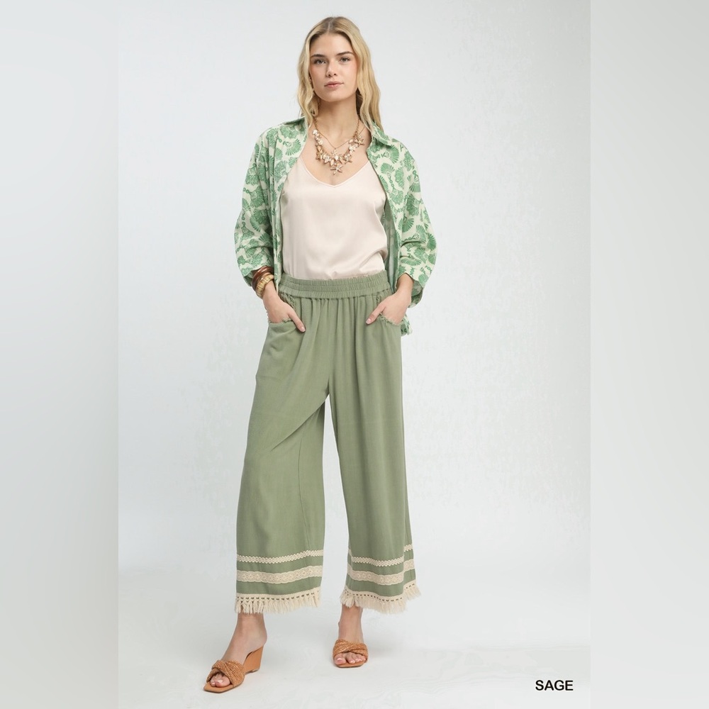 Umgee Lace Trim Fringe Hem Wide Leg Pants - Picture 5 of 6